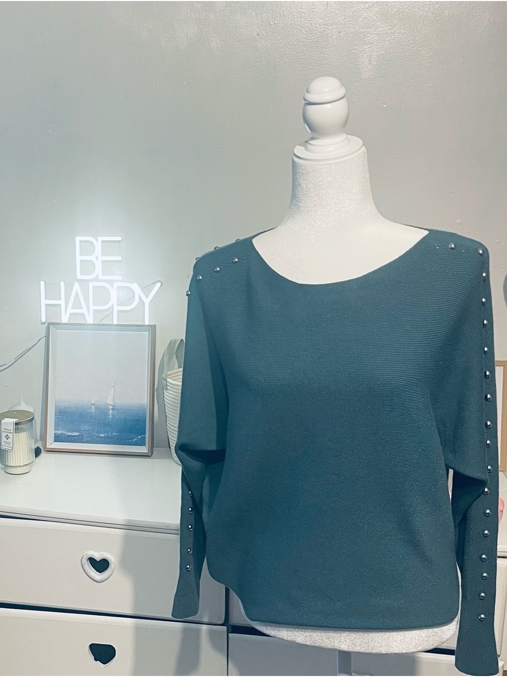 Milano women’s casual Teal Pearl-Trim Long Sleeve Top size S - Picture 4 of 13